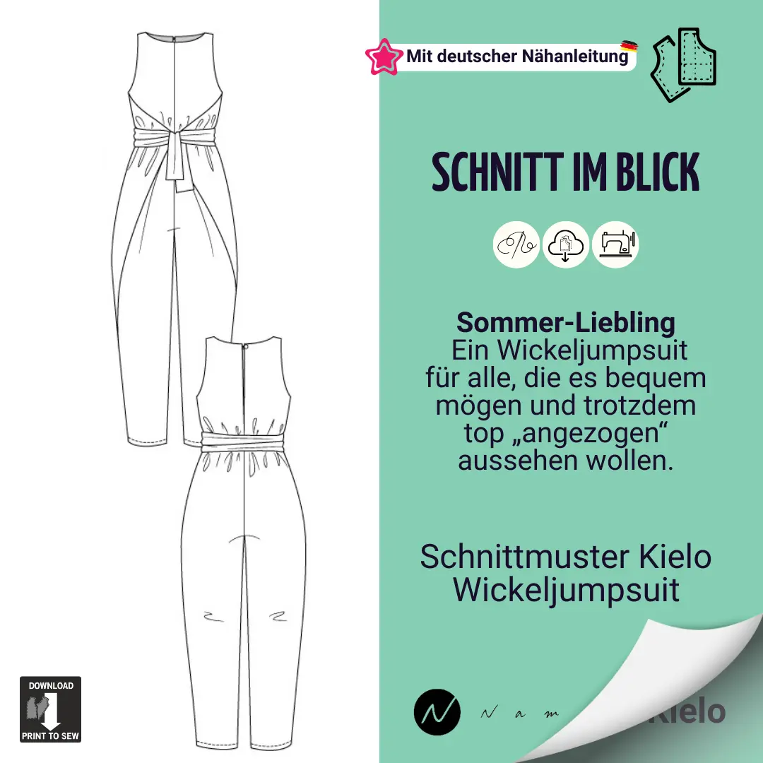 Schnitt im Blick 08 Modellzeichnung, das Schnittportrait zu named Kielo Wickeljumpsuit von Schnittmuster.Net