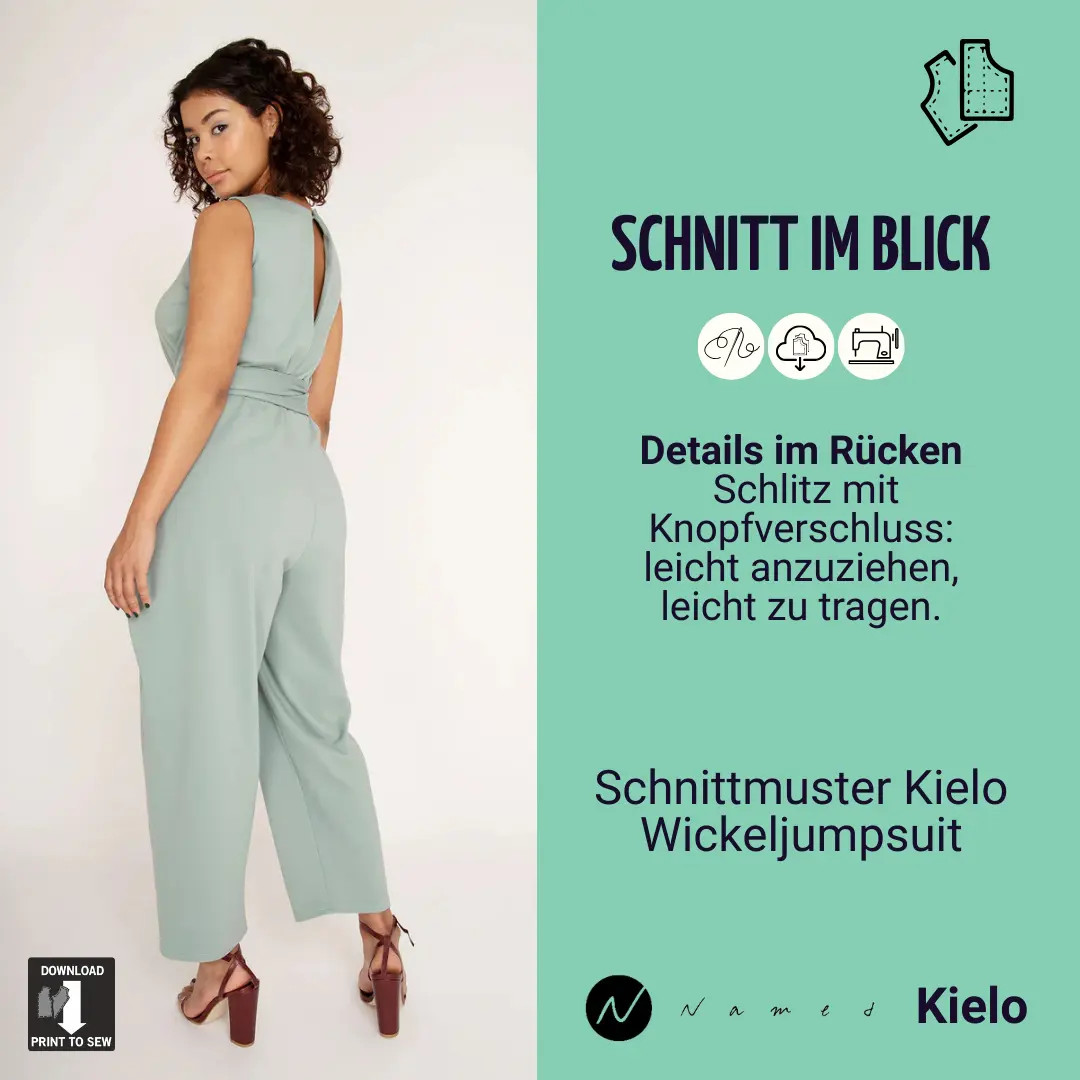 Schnitt im Blick 07 Schlitz am Ausschnitt, das Schnittportrait zu named Kielo Wickeljumpsuit von Schnittmuster.Net