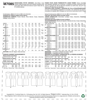 Schnittmuster McCalls 7085 Damenkleid Gr. A5 6-14 (de 32-40) oder E5 14-22 (de 40-48)