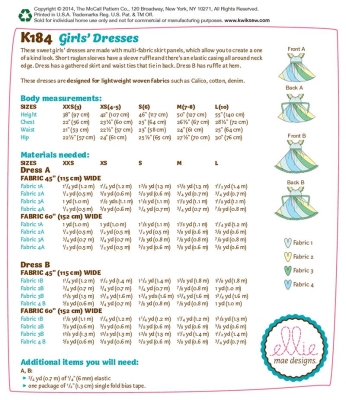 Schnittmuster aus Papier KwikSew 0184 Mädchenkleid Kinder Gr. 98-140