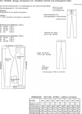 pattern company sewing pattern nähen 00-836 Relaxhose, Jerseyhose mit vertieftem Schritt Gr. 34-48