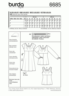 deutsch sewing pattern Burda 6685 Damenkleid, Damenbluse Gr. 6-18 (32-44)