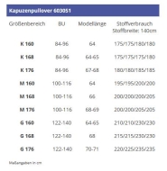 Schnittmuster zwischenmass 603051 Kapuzenpullover Gr. G168 52-58 (Bu 122-140)