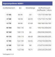 Schnittmuster zwischenmass 603051 Kapuzenpullover Gr. G176 52-58 (Bu 122-140)