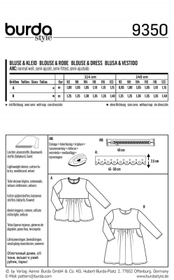 deutsch sewing pattern Burda 9350 Mädchenbluse und Kleid Gr. 2-7 (92-122)