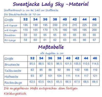 deutsch sewing pattern miaLuna, farbenmix Sweatjacke Lady Sky Gr. 32-46