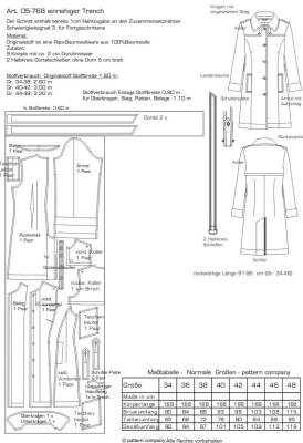 Schnittmuster pattern company 05768 einreihiger Trenchcoat Gr. 34-48