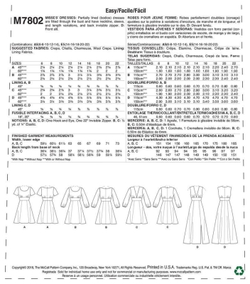 Schnittmuster McCalls 7802 Damenkleider Gr. E5 14-22 (DE  40-48)