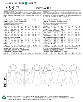 Schnittmuster Vogue 9327 Wadenlanges Damenkleid mit Ärmelvarianten Gr. A5 6-14 (DE 32-40) oder E5 14-22 (DE 40-48)