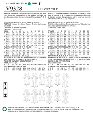 Schnittmuster Vogue 9328 bodenlanges Abendkleid mit Ärmelvarianten Gr. A5 6-14 (DE 32-40)
