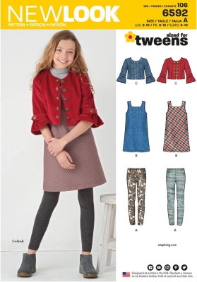 english paper sewing pattern NewLook 6592 teenjacket, dresses and leggins A 8 16 (132 161cm)