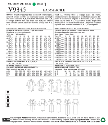 Schnittmuster Vogue 9345 klassisches Blusenkleid in lang und kurz Gr. E5 14-22 (DE 40-48)