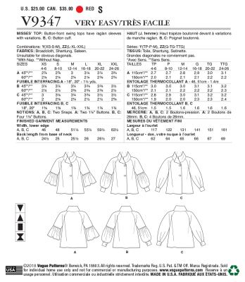 Schnittmuster Vogue 9347 modische Blusenjacke verschiedene Raglanärmel Gr. Y XS-M (DE 32-40)
