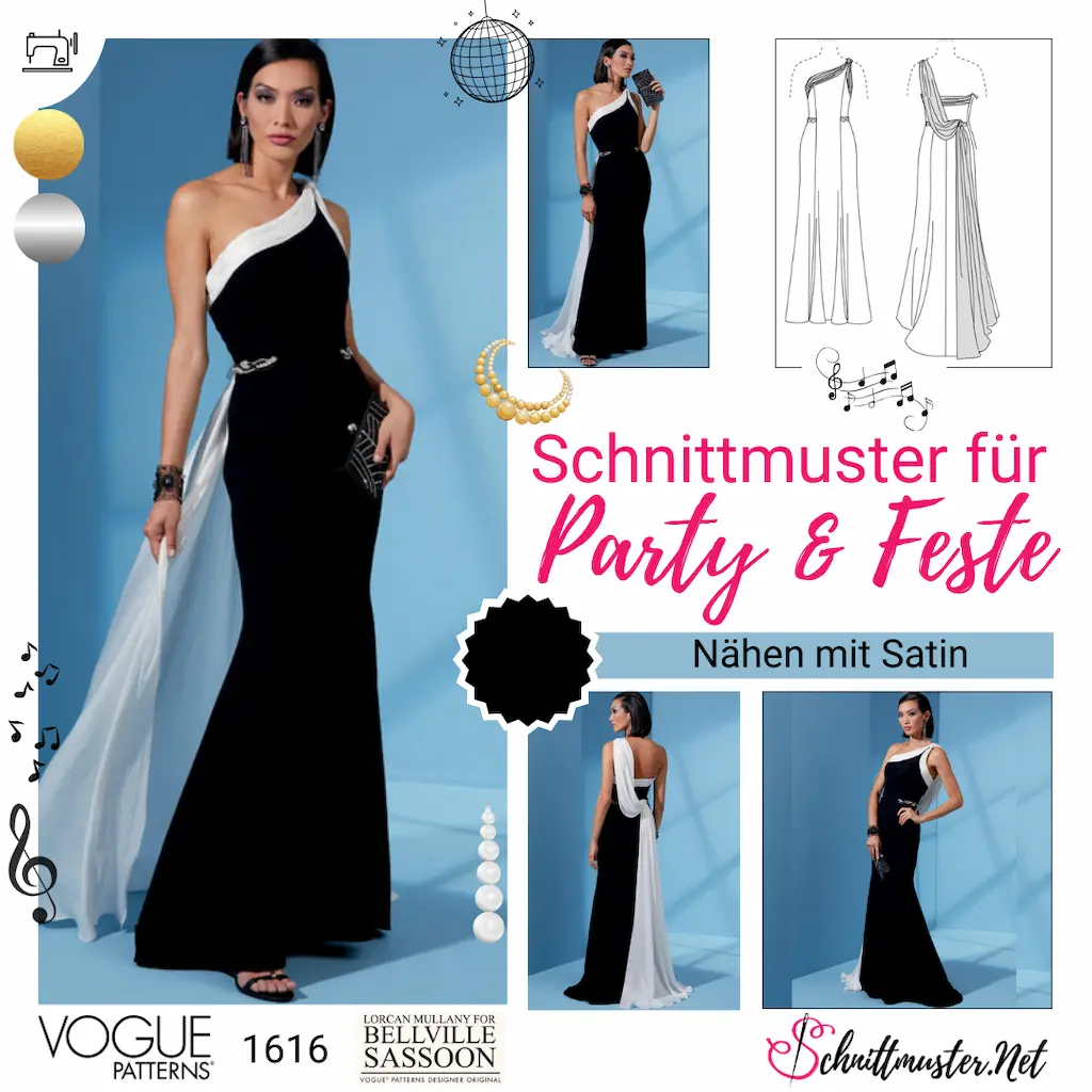 Frau im sehr eleganten Designerkleid von Bellville Sassoon nach dem Schnittnuster 1616 von Vogue