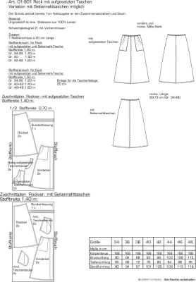 Schnittmuster pattern company 01-901 Damenrock mit aufgesetzten Taschen, Leinenrock Gr. 34-48