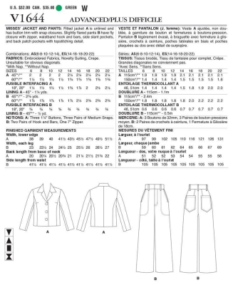 Schnittmuster Vogue 1644 Herbstkombi aus weiter Designerhose und Kurzjacke mit Revers Gr. E5 14-22 (de 40-48)