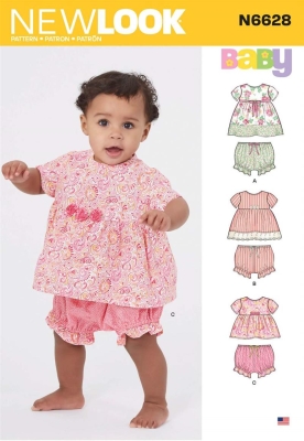 english paper sewing pattern NewLook 6628 babyclothes dresses and trousers NB L (DE 50 80)