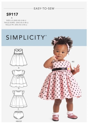 Schnittmuster Simplicity 9117 Babykleid mit Höschen und Haarband Gr. Baby 1-13kg