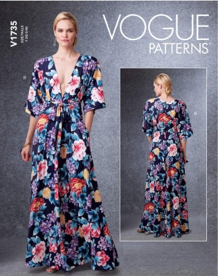 Schnittmuster Vogue 1735 bodenlanges Kleid tief ausgeschnitten Gr. Y XS-M (de 32-40)