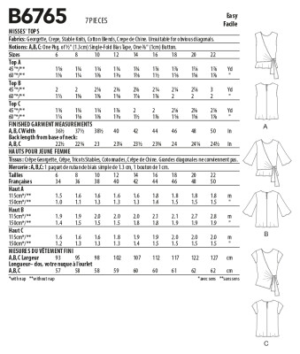 Schnittmuster Butterick 6765 Shirtbluse mit Knotendrapage Gr. A5 6-14 (de 32-40)