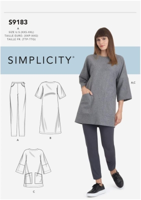 simplicity-schnittmuster-naehen-9183-tunika,-damenkleid-und-hose-gr-xxs-xxl-30-52