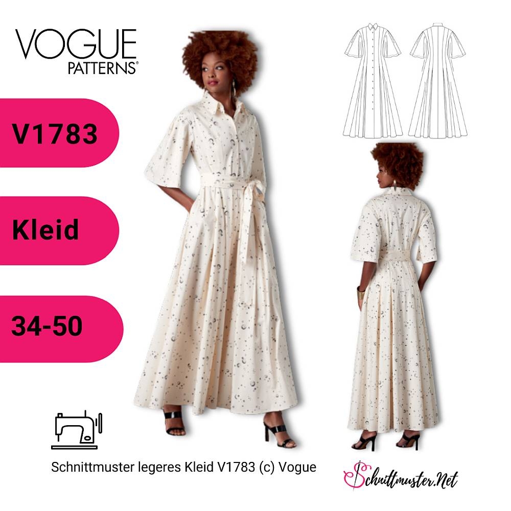 Schnittmuster Vogue 1783 legeres Damenkleid, Blusenkleid mit Glockenärmeln Gr. 34-50