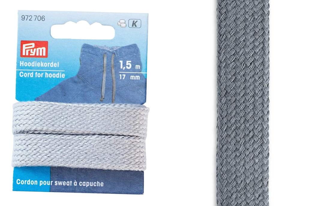 Prym Hoodiekordel grau 972706 ca. 17mm breit. 1,5m-Karte