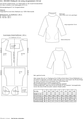 Schnittmuster Pullover pattern company 06-930 Damenpullover aus Walkstoff Gr. 34-48