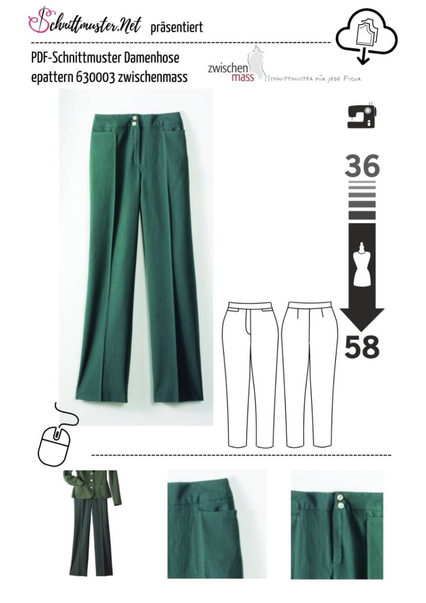 PDF-Schnittmuster zwischenmass 630003 elegante Damenhose Gr. 36-58