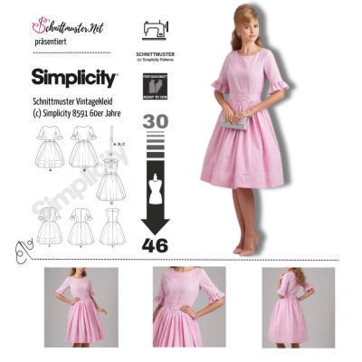 englisches Schnittmuster zauberhaftes Damenkleid, Vintagekleid 60er Jahre Simplicity 8591  Gr. 30-46