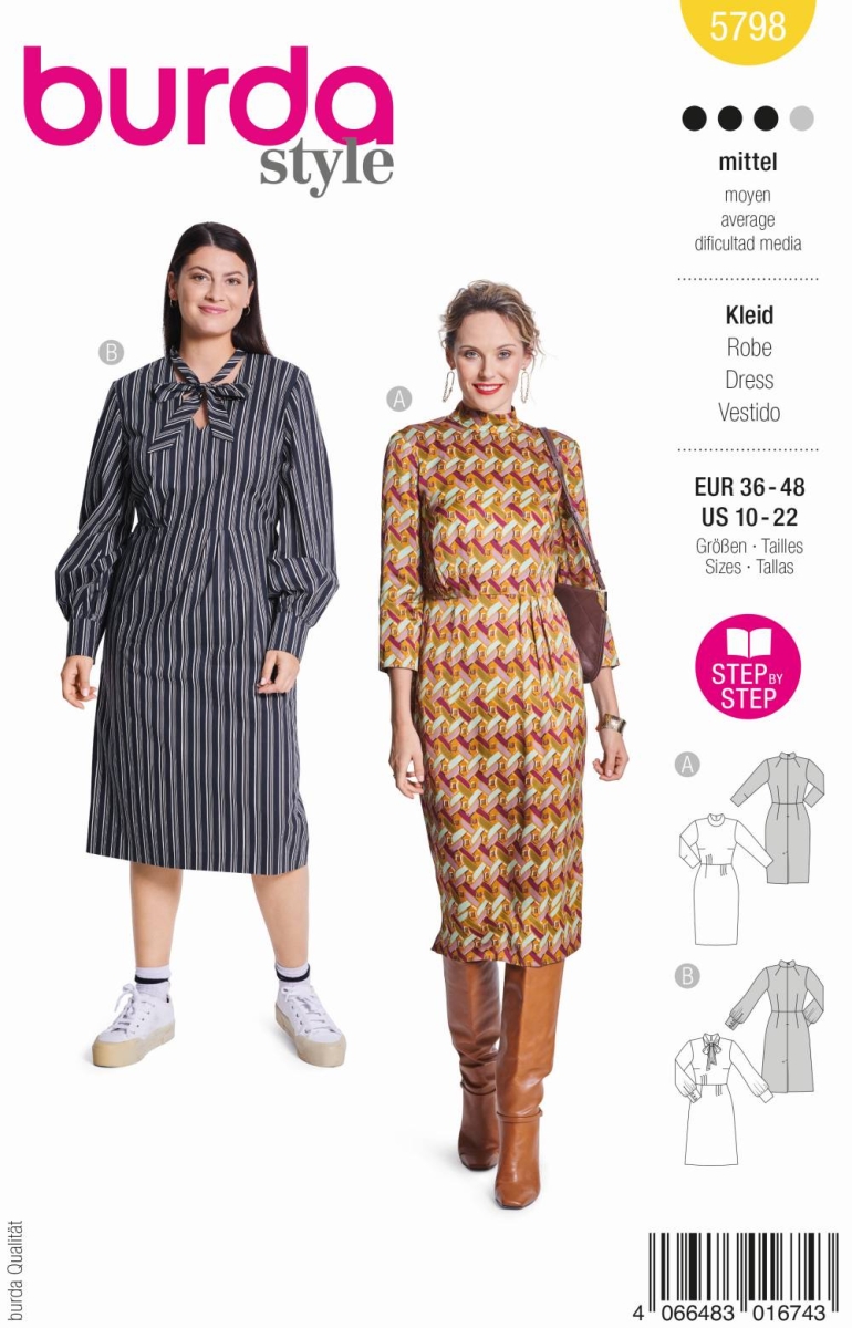 Kleid Schnittmuster für Damen Burda 5798 mit Nähanleitung