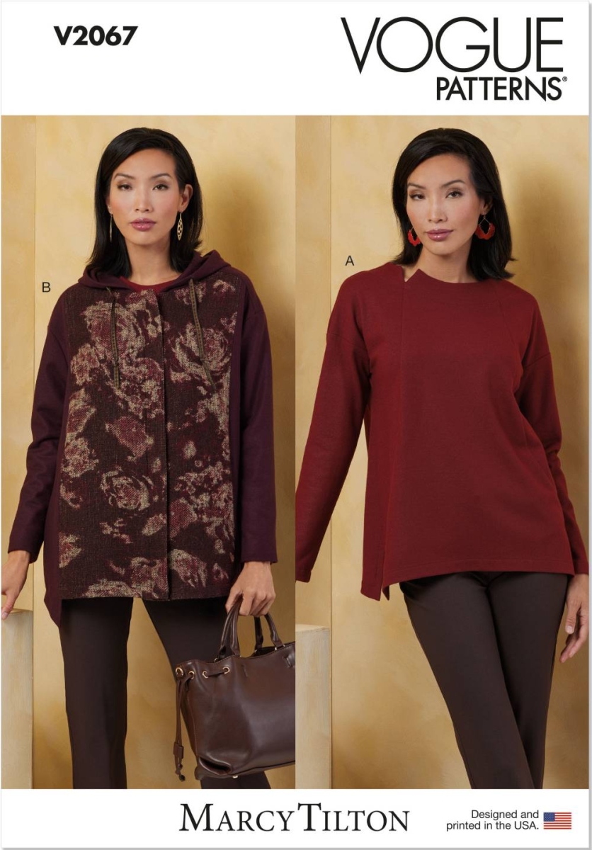 Pattern cover: Woman wearing a burgundy designer sweater and sweatshirt, made using the Vogue 2067 pattern by Marcy Tilton
