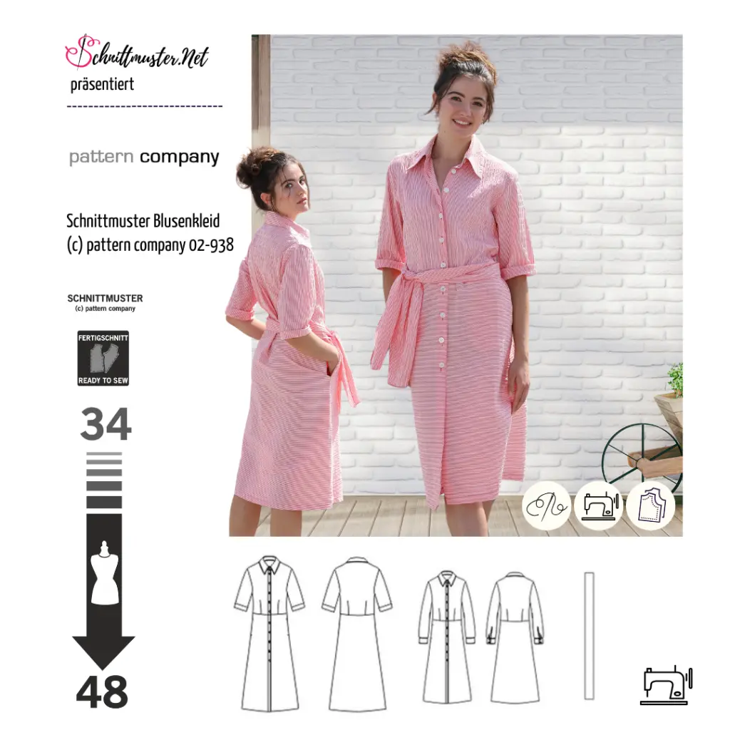 Blusenkleid pattern company 02-938 mit kurzen Ärmeln und Knopfleiste aus Baumwollstoff