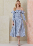 Schnittmuster ausgefallenes Sommerkleid schulterfrei mit Gürtel Vogue 2104 Gr. 34-52