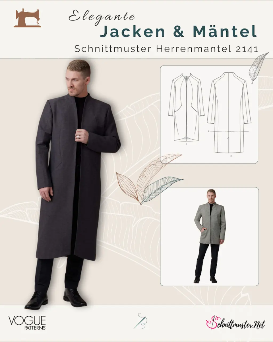 Mann trägt eleganten Herrenmantel nach dem Schnittmuster Vogue 2141, gefütterter Mantel mit schmaler Silhouette, Zwei-Naht-Ärmeln und verdecktem Verschluss, genäht aus Woll- oder Gabardinestoff, erhältlich bei schnittmuster.net