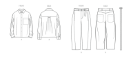 Modeldrawing of sewing pattern knowME 2142 for stylish Mens outfit with shirt and jeans