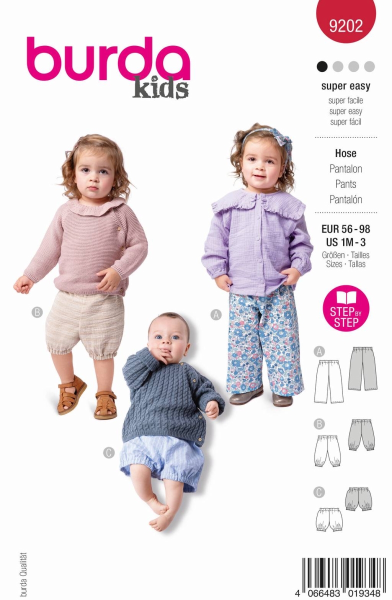 Envelope sewing pattern shows a comfortable Baby pants, childrens pants with elastic waistband of 9202 Burda
