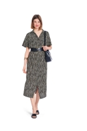 Model is wearing straight-cut Dress with flutter sleeves sewn with the sewing pattern Burda 5742