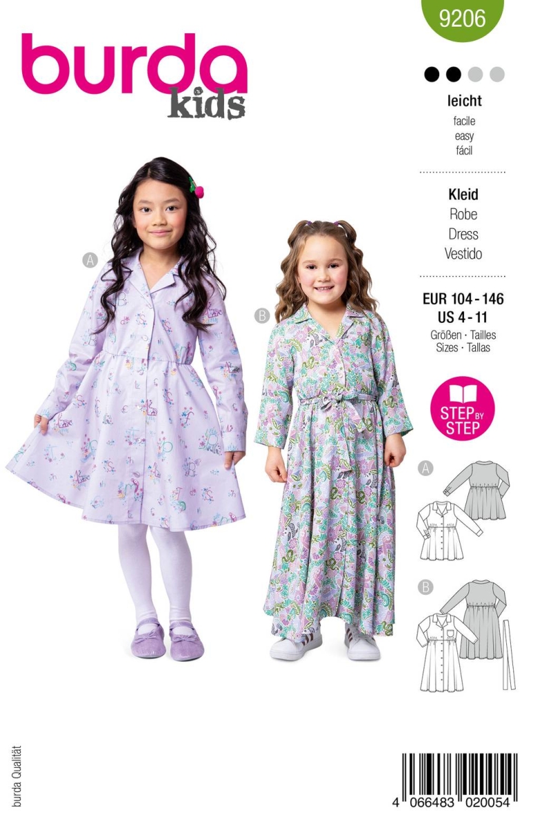 Envelope sewing pattern shows a charming Girls dress with print of 9206 Burda