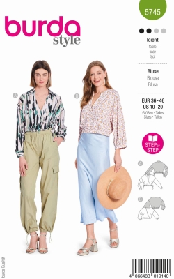 Schnittmusterhülle zeigt eine taillenkurze Bluse mit Wickeleffekt für 5745 von Burda