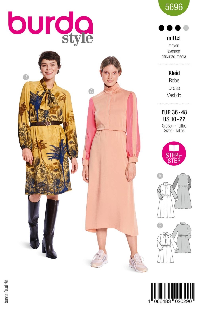 Schnittmusterhülle zeigt ein vielseitiges Kleid mit Stehkragen für 5696 von Burda