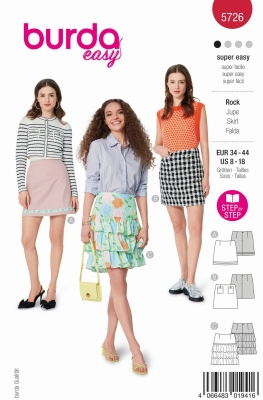 Envelope sewing pattern shows a feminine Summer skirt with ruffles of 5726 Burda