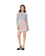 Model is wearing feminine Summer skirt with ruffles sewn with the sewing pattern Burda 5726