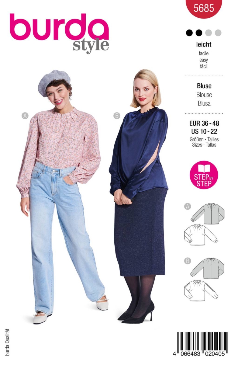 Schnittmusterhülle zeigt eine moderne Bluse mit Falten für 5685 von Burda