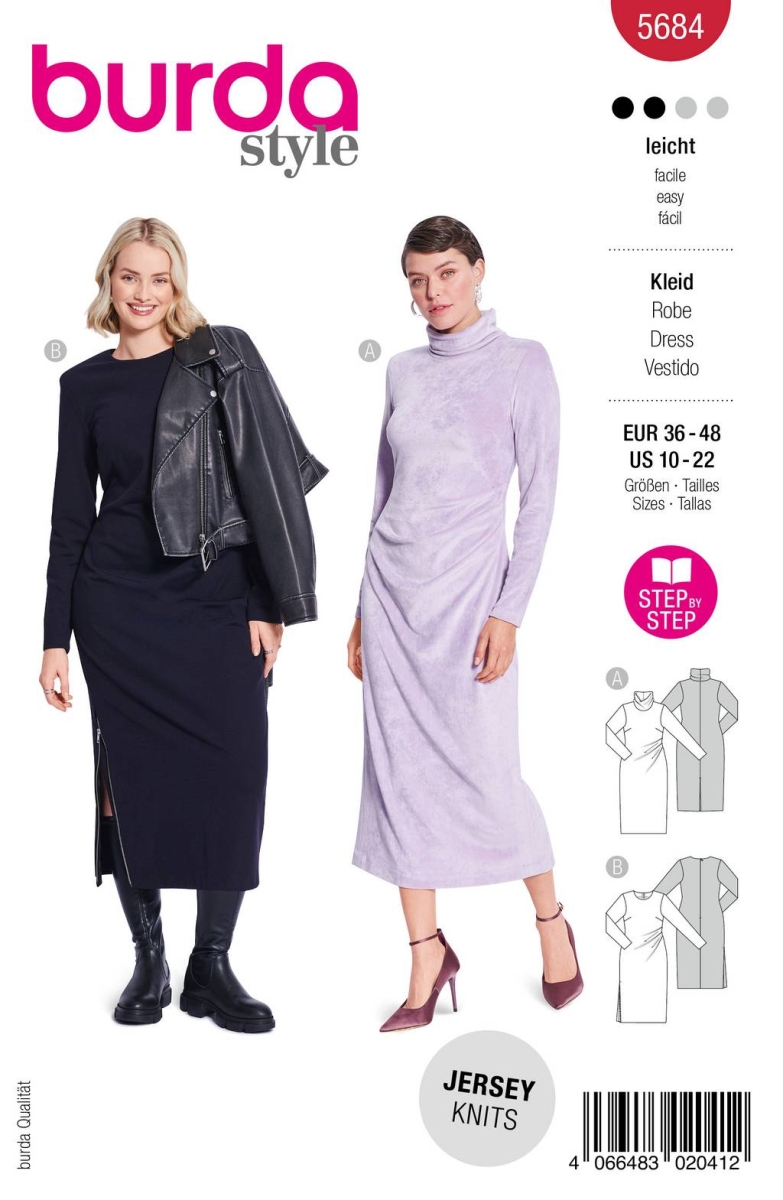 Schnittmusterhülle zeigt ein figurbetontes Kleid mit Drapierung für 5684 von Burda