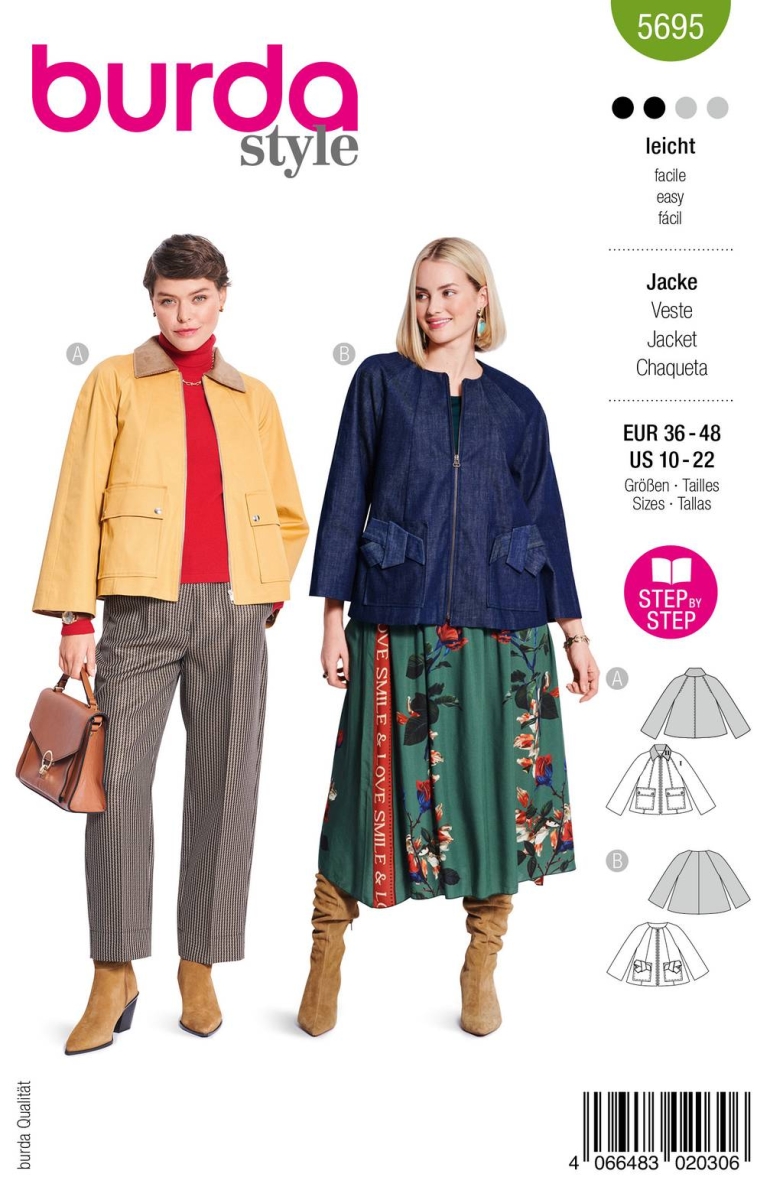 Schnittmusterhülle zeigt eine modische Jacke mit XL-Taschen für 5695 von Burda