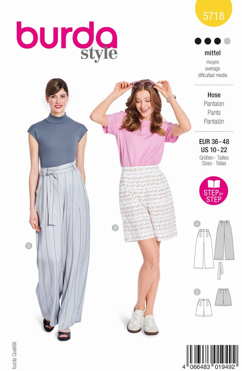 Schnittmusterhülle zeigt eine elegante Sommerhose, Marlenehose mit Bundfalten für 5718 von Burda
