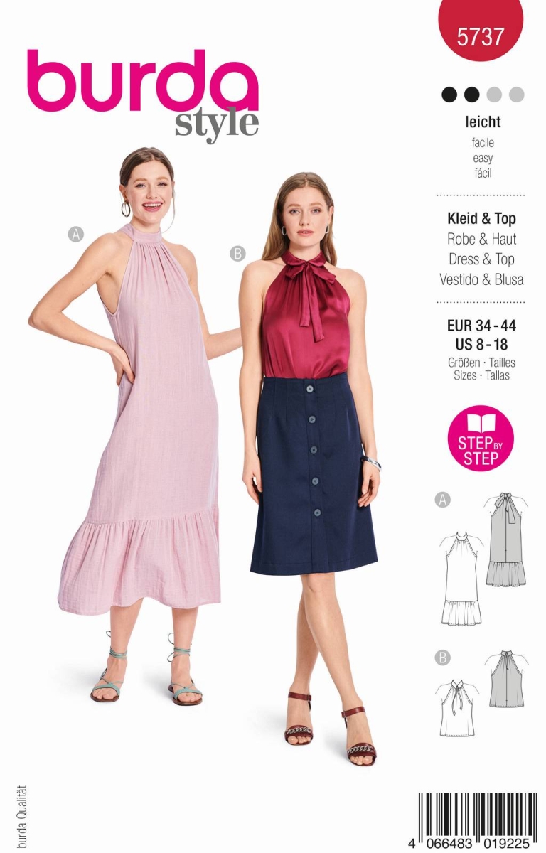 Schnittmusterhülle zeigt ein süßes Kleid mit Neckholder und freien Schultern für 5737 von Burda