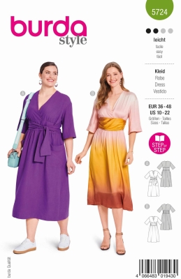 Envelope sewing pattern shows a feminine Wrap-style midi dress of 5724 Burda