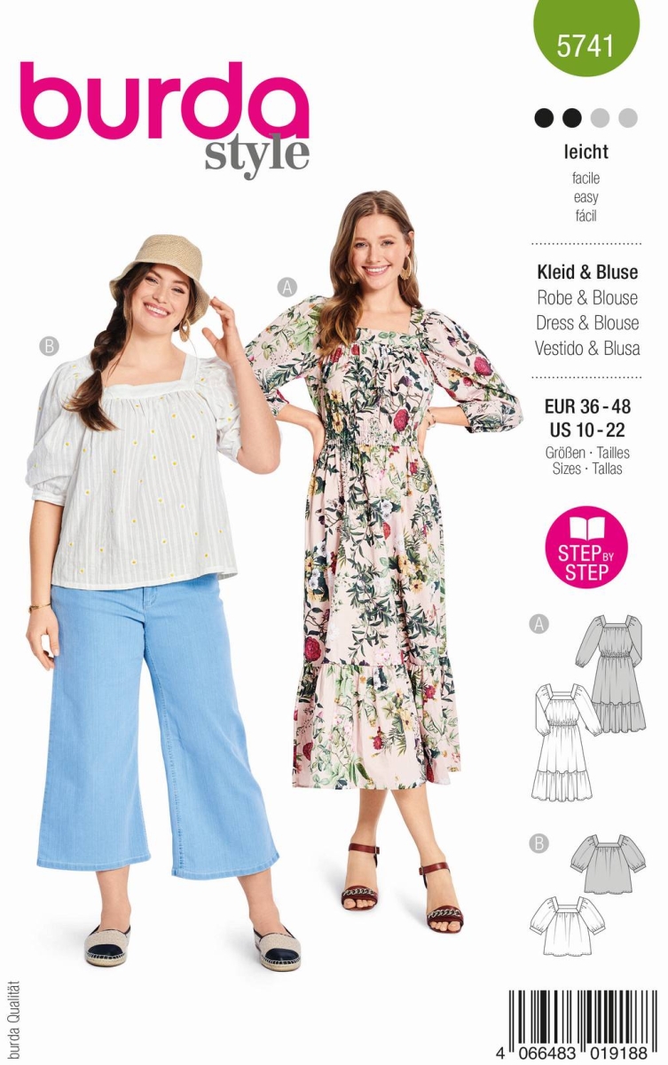 Schnittmusterhülle zeigt eine romantische Bluse mit Raglanärmeln für 5741 von Burda